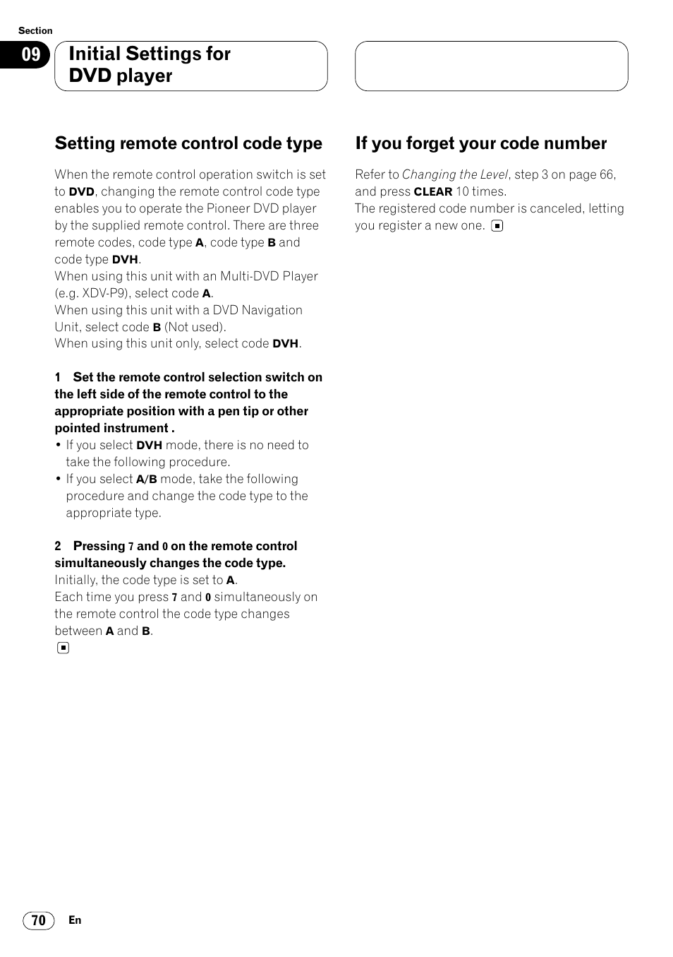 Initial settings for dvd player, Setting remote control code type, If you forget your code number | Pioneer Super Tuner III DVH-P7050 User Manual | Page 70 / 104