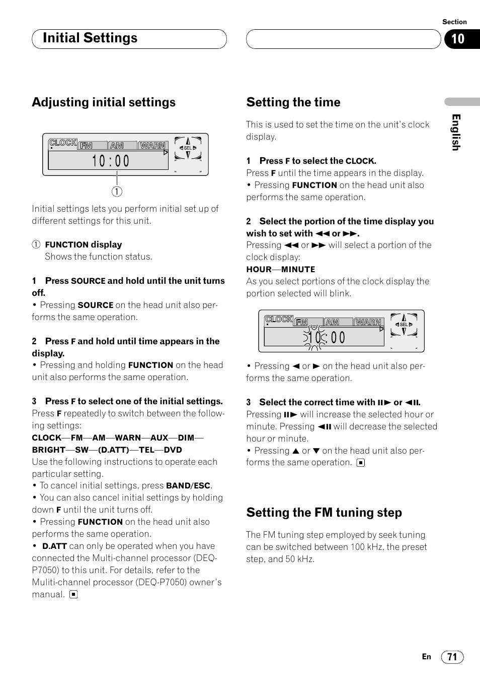 Initial settings, Adjusting initial settings, Setting the time | Setting the fm tuning step | Pioneer Super Tuner III DVH-P7050 User Manual | Page 71 / 104