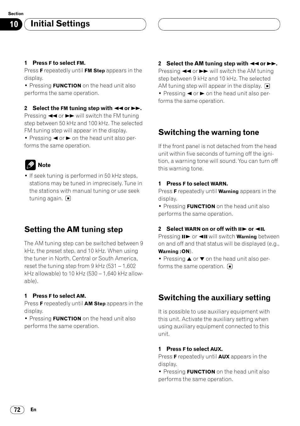 Initial settings, Setting the am tuning step, Switching the warning tone | Switching the auxiliary setting | Pioneer Super Tuner III DVH-P7050 User Manual | Page 72 / 104