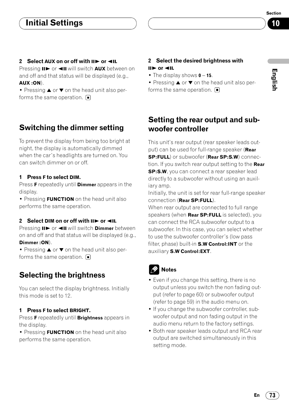 Subwoofer controller 73, Initial settings, Switching the dimmer setting | Selecting the brightness, Setting the rear output and sub- woofer controller | Pioneer Super Tuner III DVH-P7050 User Manual | Page 73 / 104