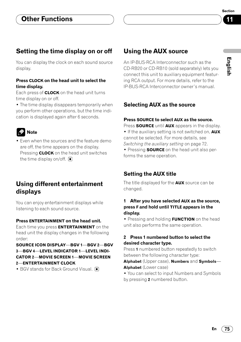 Other functions, Setting the time display on or off, Using different entertainment displays | Using the aux source | Pioneer Super Tuner III DVH-P7050 User Manual | Page 75 / 104