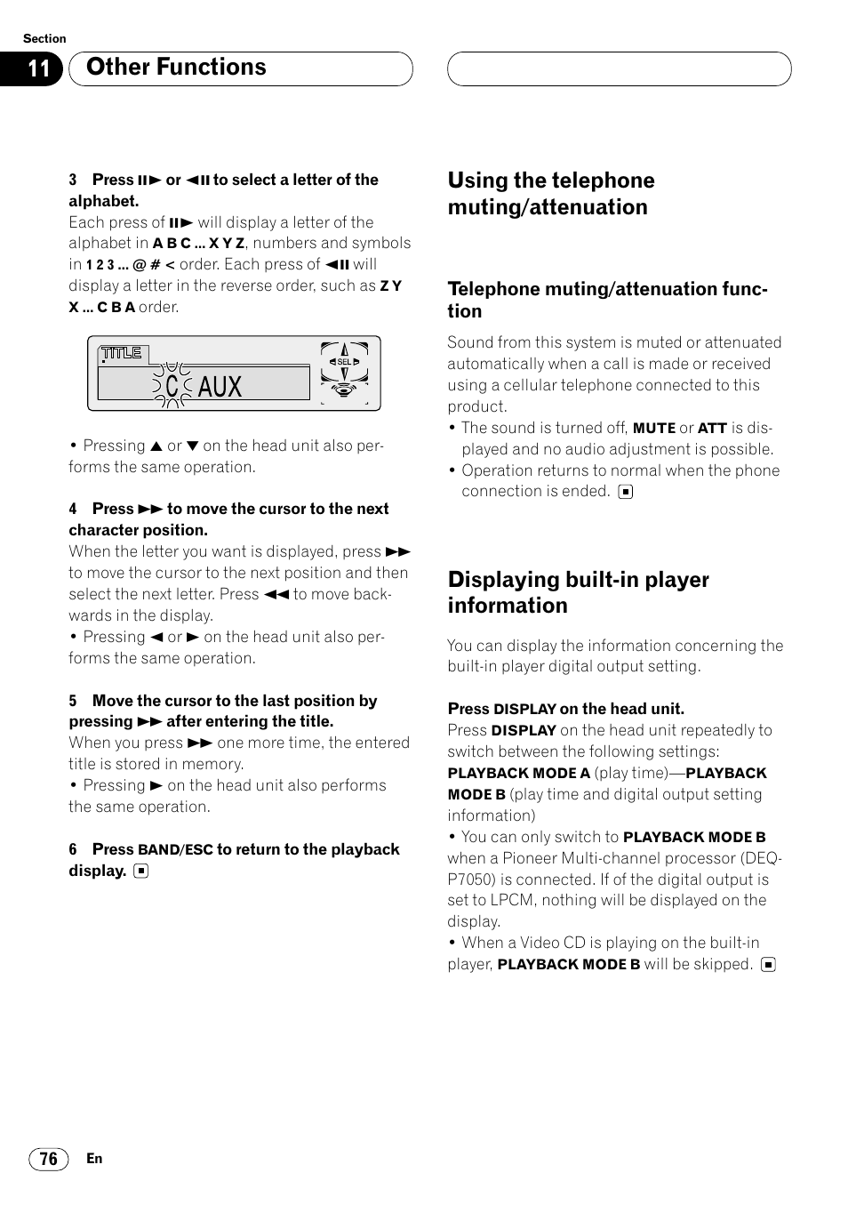 Using the telephone, Function 76, Displaying built-in player information 76 | Other functions, Using the telephone muting/attenuation, Displaying built-in player information | Pioneer Super Tuner III DVH-P7050 User Manual | Page 76 / 104