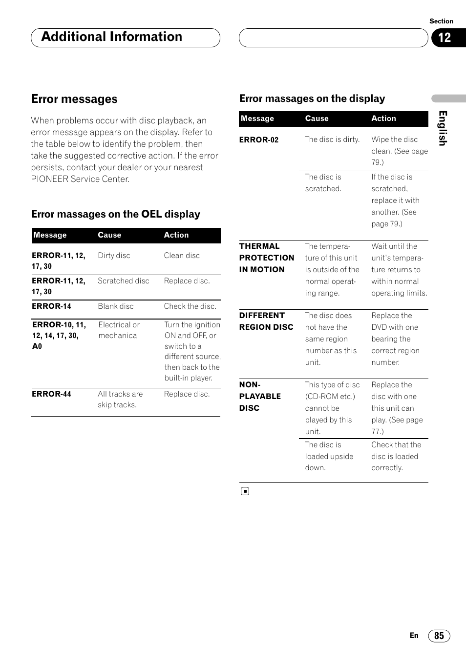 Error messages 85, Additional information, Error messages | Pioneer Super Tuner III DVH-P7050 User Manual | Page 85 / 104