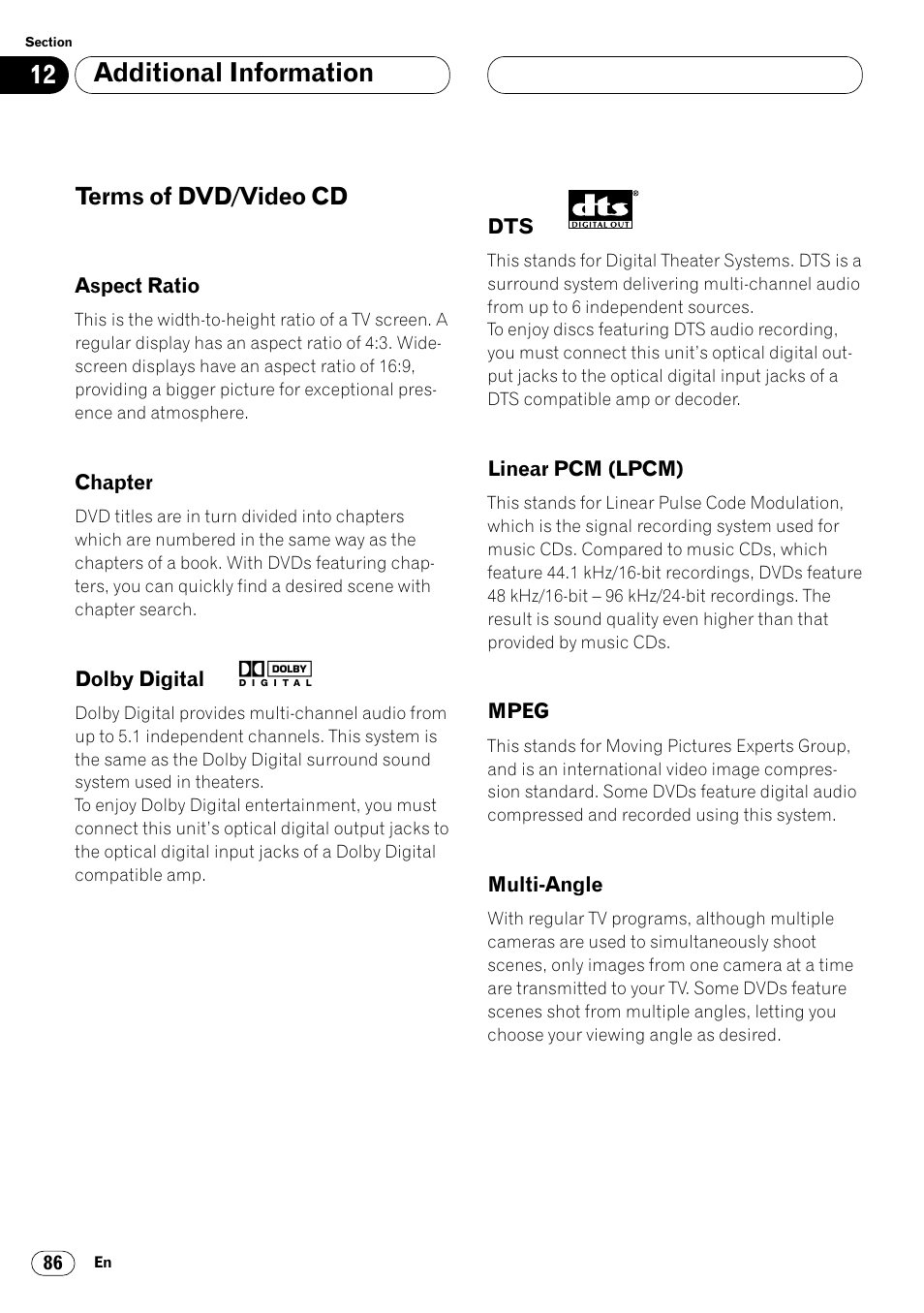 Terms of dvd/video cd 86, Additional information, Terms of dvd/video cd | Pioneer Super Tuner III DVH-P7050 User Manual | Page 86 / 104