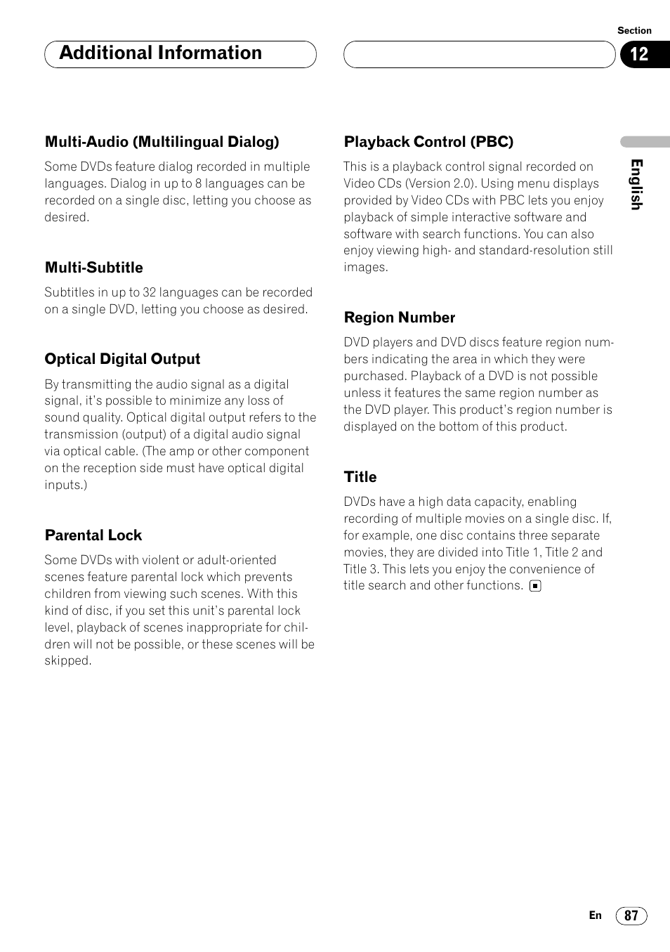 Additional information | Pioneer Super Tuner III DVH-P7050 User Manual | Page 87 / 104