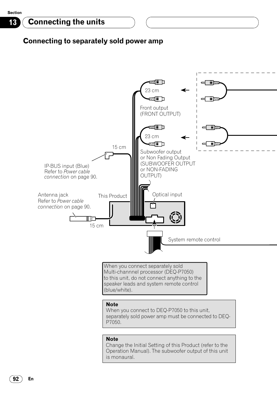 Connecting to separately sold, Power amp 92, Connecting the units | Connecting to separately sold power amp | Pioneer Super Tuner III DVH-P7050 User Manual | Page 92 / 104