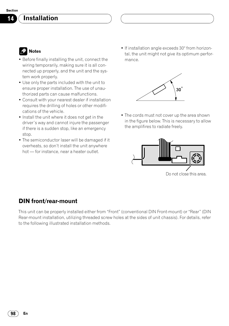 Din front/rear-mount 98, Installation, Din front/rear-mount | Pioneer Super Tuner III DVH-P7050 User Manual | Page 98 / 104