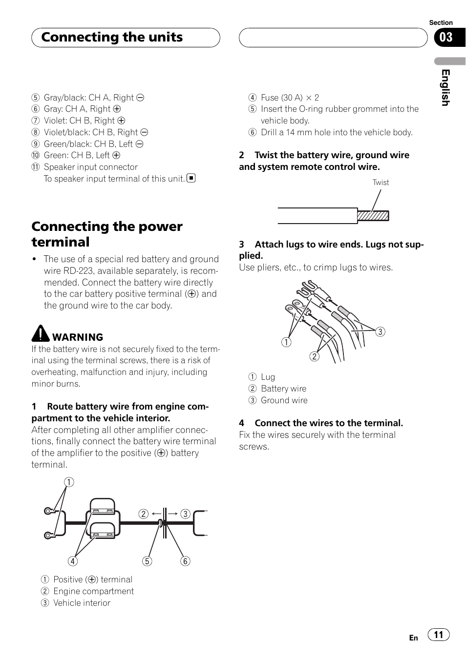 Connecting the power terminal, Connecting the units | Pioneer BRIDGEABLE GM-6400F User Manual | Page 11 / 45