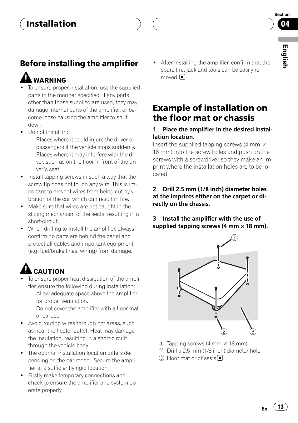 Installation before installing the amplifier, Example of installation on the floor mat or, Chassis | Before installing the amplifier, Installation | Pioneer BRIDGEABLE GM-6400F User Manual | Page 13 / 45