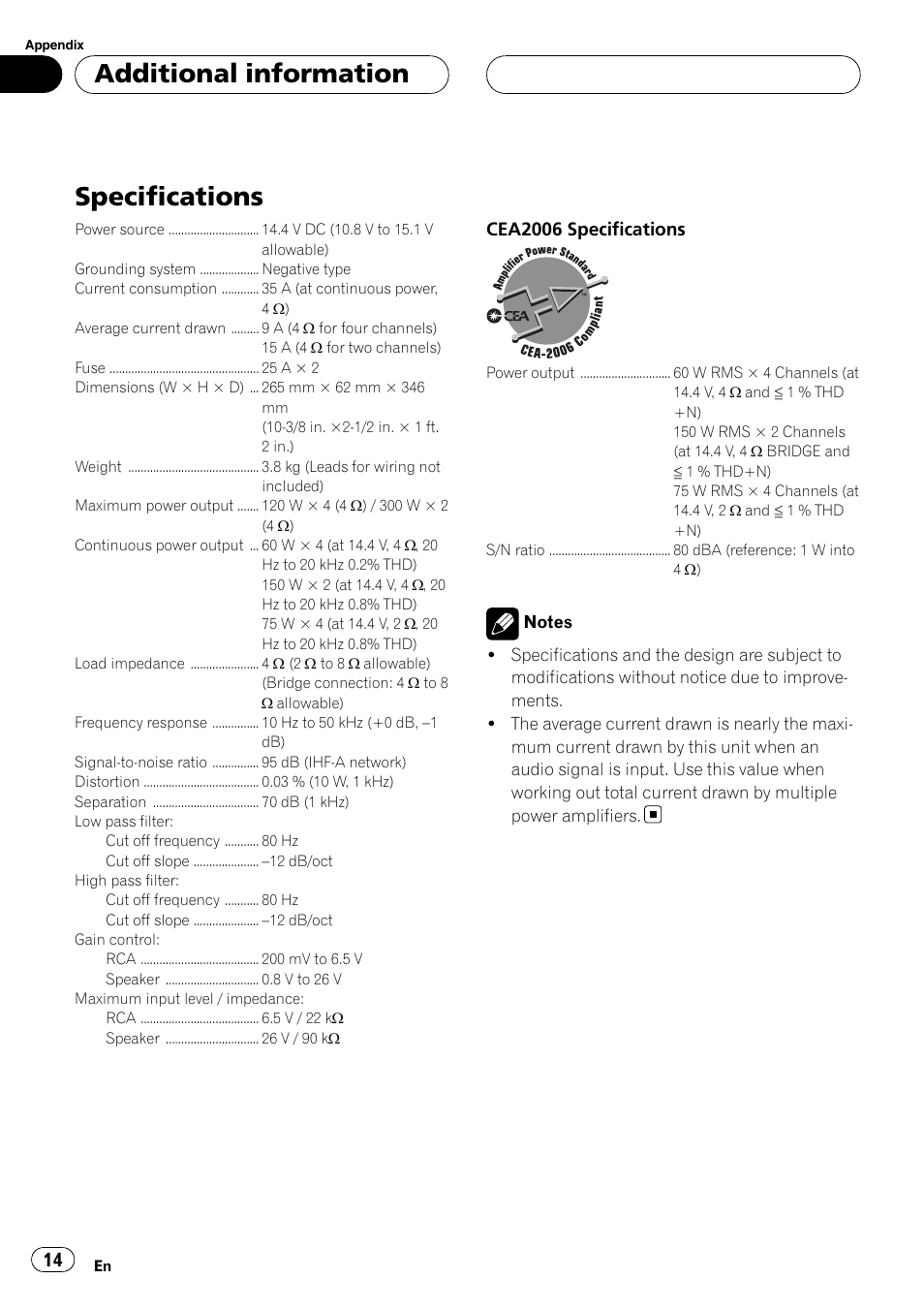 Additional information specifications, Specifications, Additional information | Pioneer BRIDGEABLE GM-6400F User Manual | Page 14 / 45