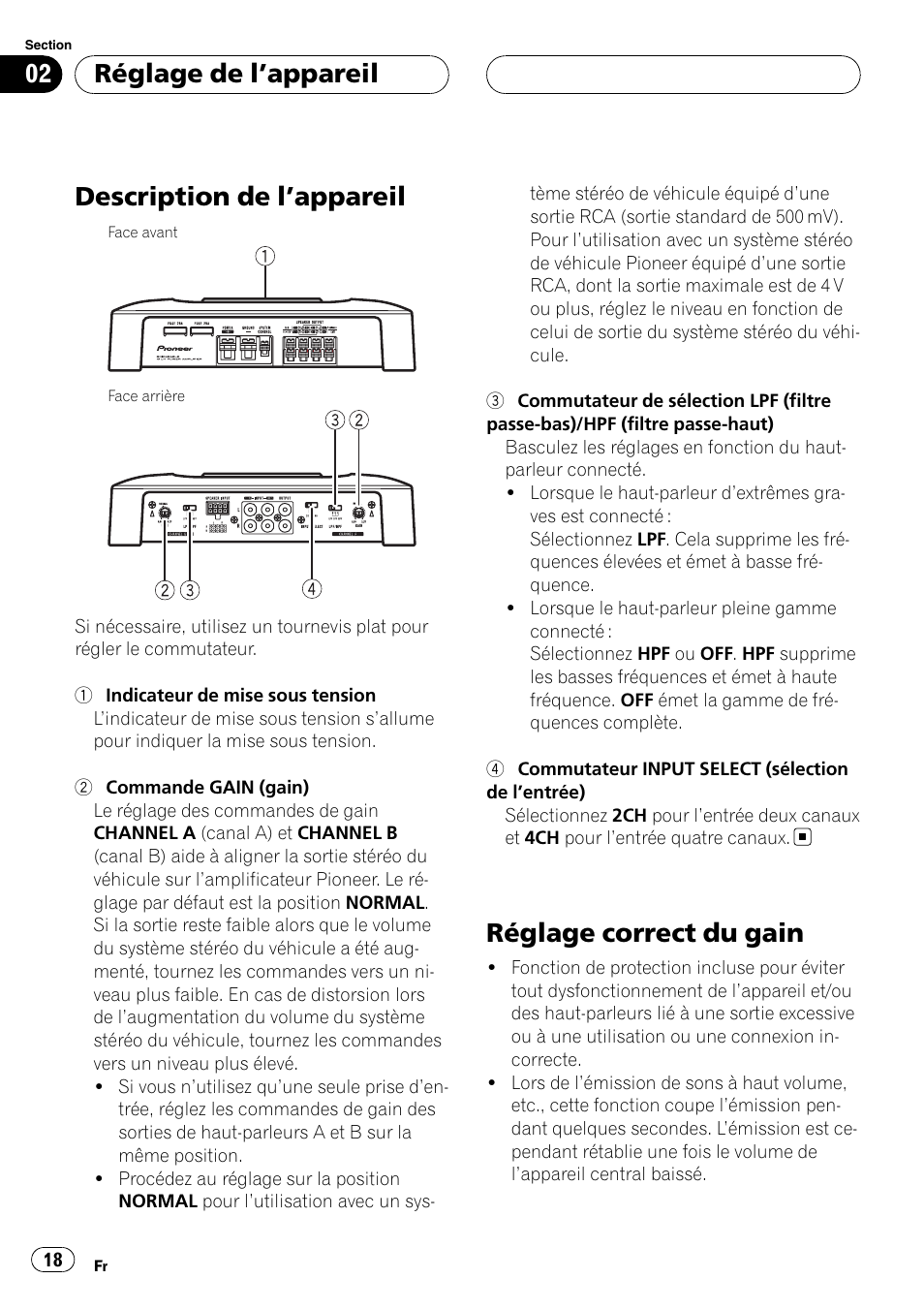 Réglage de l, Appareil, Description de l | Appareil 18, Réglage correct du gain, Description de l ’appareil, Réglage de l ’appareil | Pioneer BRIDGEABLE GM-6400F User Manual | Page 18 / 45