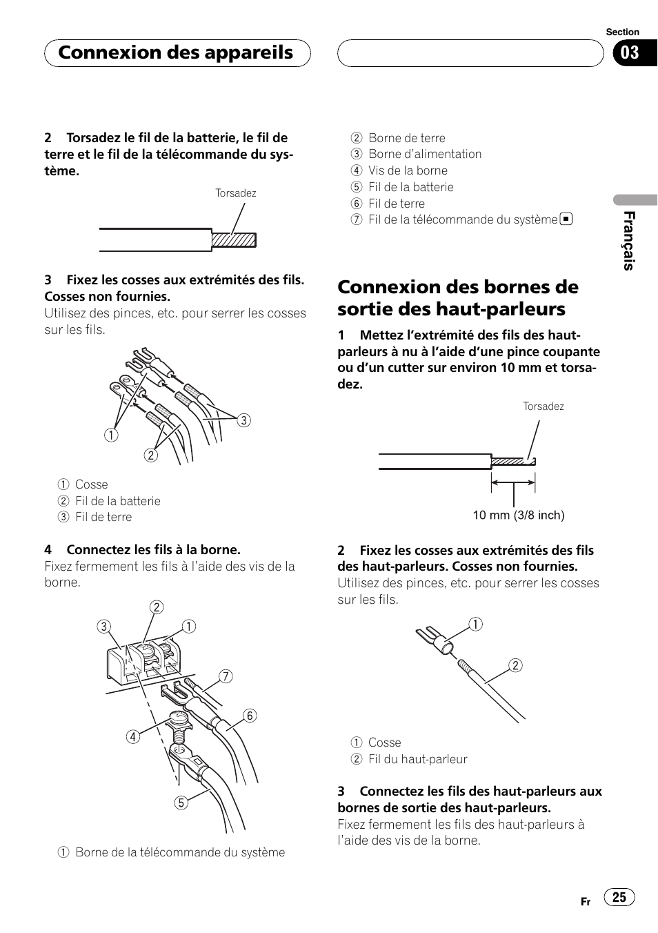 Connexion des bornes de sortie des haut, Parleurs, Connexion des bornes de sortie des haut-parleurs | Connexion des appareils | Pioneer BRIDGEABLE GM-6400F User Manual | Page 25 / 45