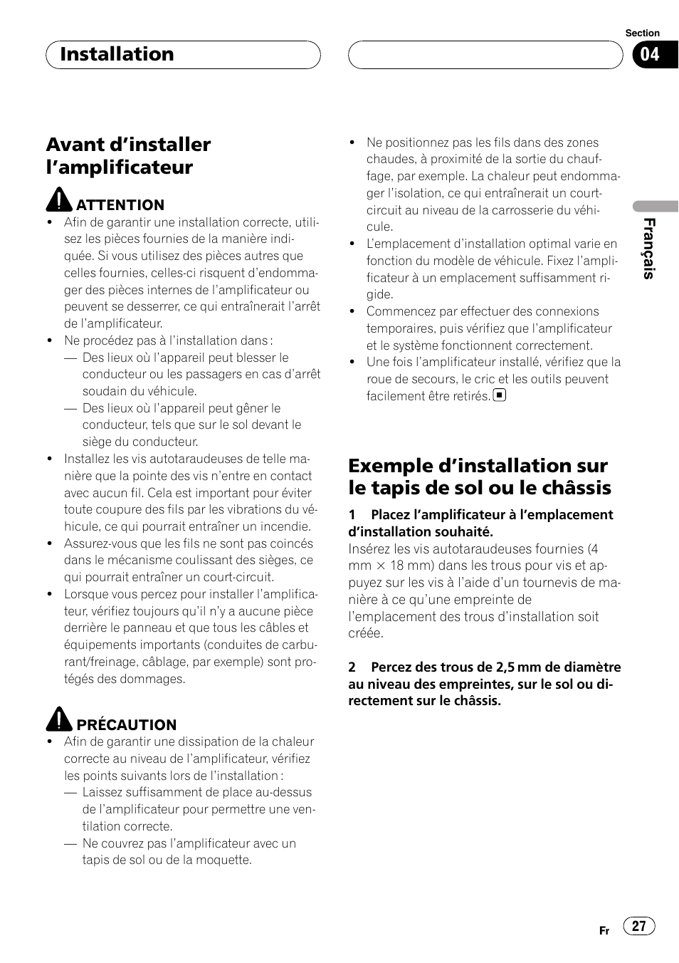 Installation avant d, Installer l’amplificateur 27, Exemple d | Installation sur le tapis de sol ou, Le châssis, Avant d ’installer l ’amplificateur, Installation | Pioneer BRIDGEABLE GM-6400F User Manual | Page 27 / 45