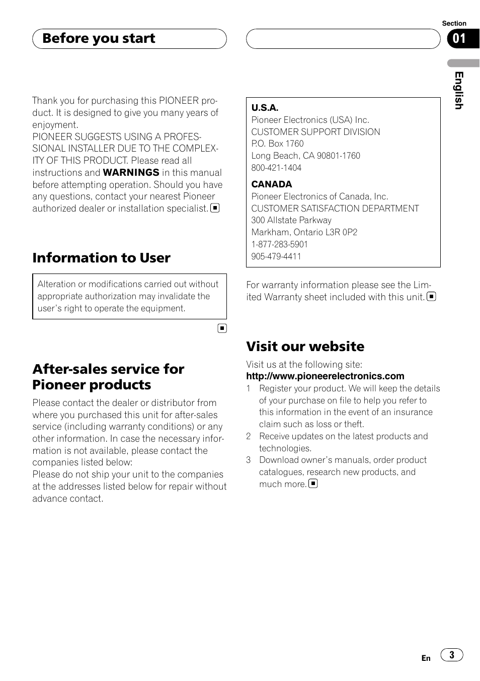 Before you start, Information to user, After-sales service for pioneer products | Visit our website | Pioneer BRIDGEABLE GM-6400F User Manual | Page 3 / 45