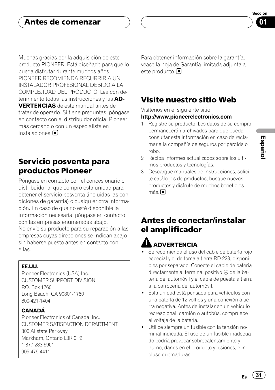 Antes de comenzar, Servicio posventa para productos, Pioneer | Visite nuestro sitio web, Antes de conectar/instalar el, Amplificador, Servicio posventa para productos pioneer, Antes de conectar/instalar el amplificador | Pioneer BRIDGEABLE GM-6400F User Manual | Page 31 / 45