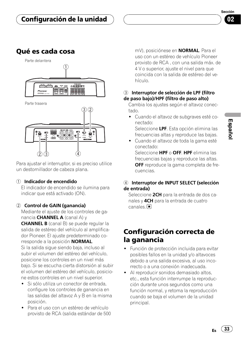 Configuración de la unidad qué es cada cosa, Configuración correcta de la ganancia, Qué es cada cosa | Configuración de la unidad | Pioneer BRIDGEABLE GM-6400F User Manual | Page 33 / 45