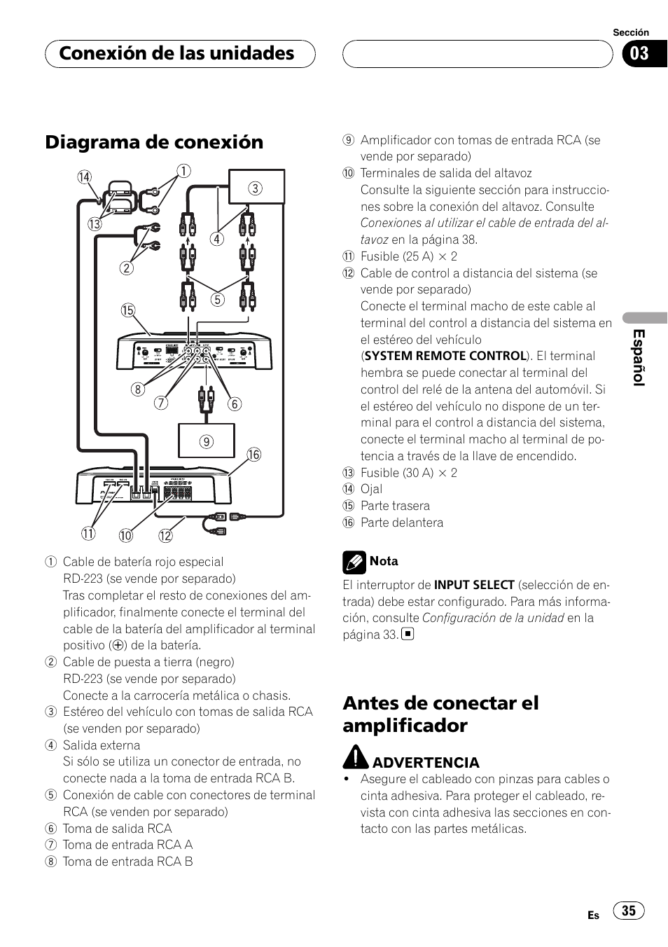 Conexión de las unidades diagrama de conexión, Antes de conectar el amplificador, Diagrama de conexión | Conexión de las unidades | Pioneer BRIDGEABLE GM-6400F User Manual | Page 35 / 45