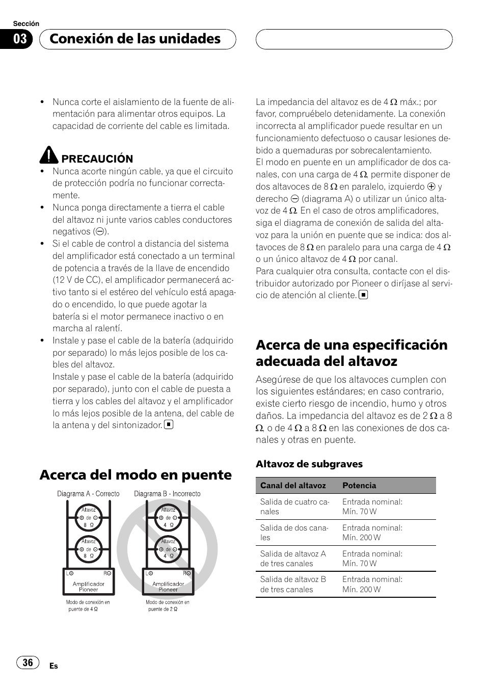 Acerca del modo en puente, Acerca de una especificación adecuada del, Altavoz | Acerca de una especificación adecuada del altavoz, Conexión de las unidades | Pioneer BRIDGEABLE GM-6400F User Manual | Page 36 / 45