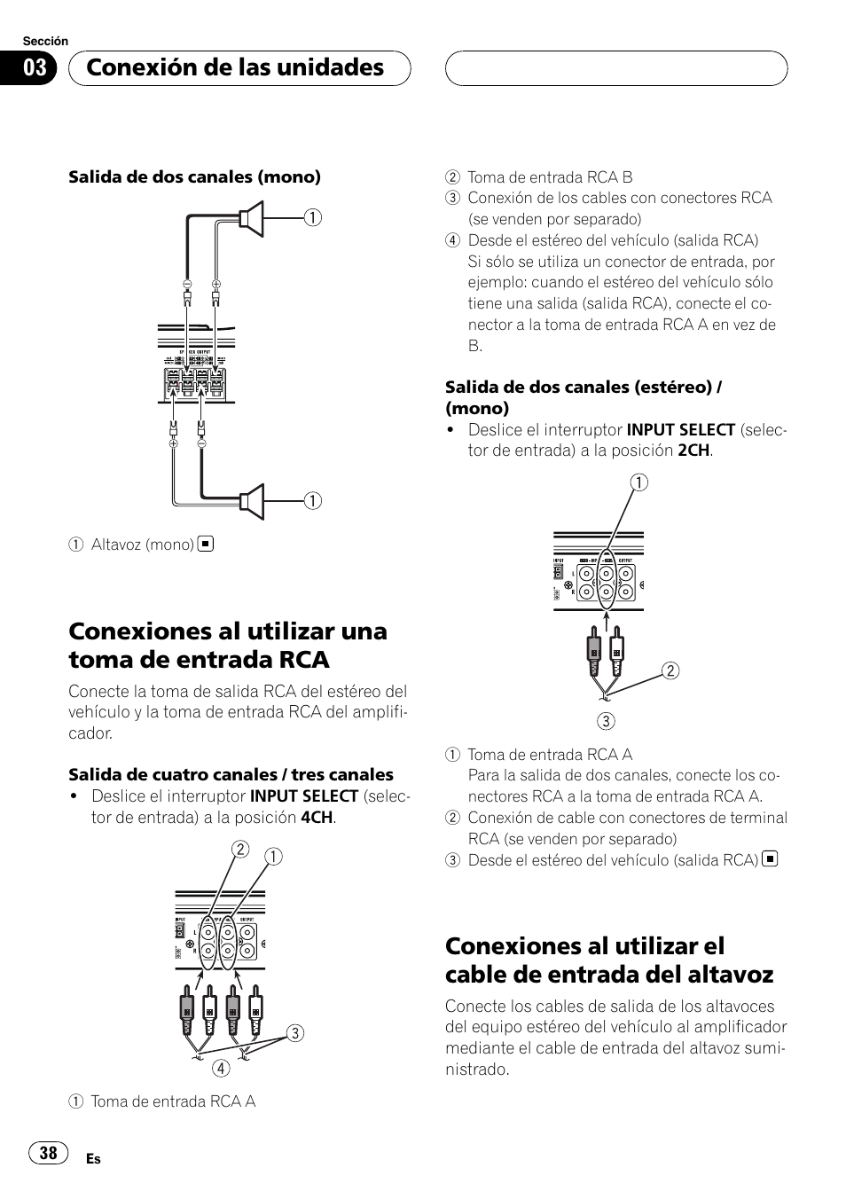 Conexiones al utilizar una toma de entrada, Conexiones al utilizar el cable de entrada del, Altavoz | Conexiones al utilizar una toma de entrada rca, Conexión de las unidades | Pioneer BRIDGEABLE GM-6400F User Manual | Page 38 / 45