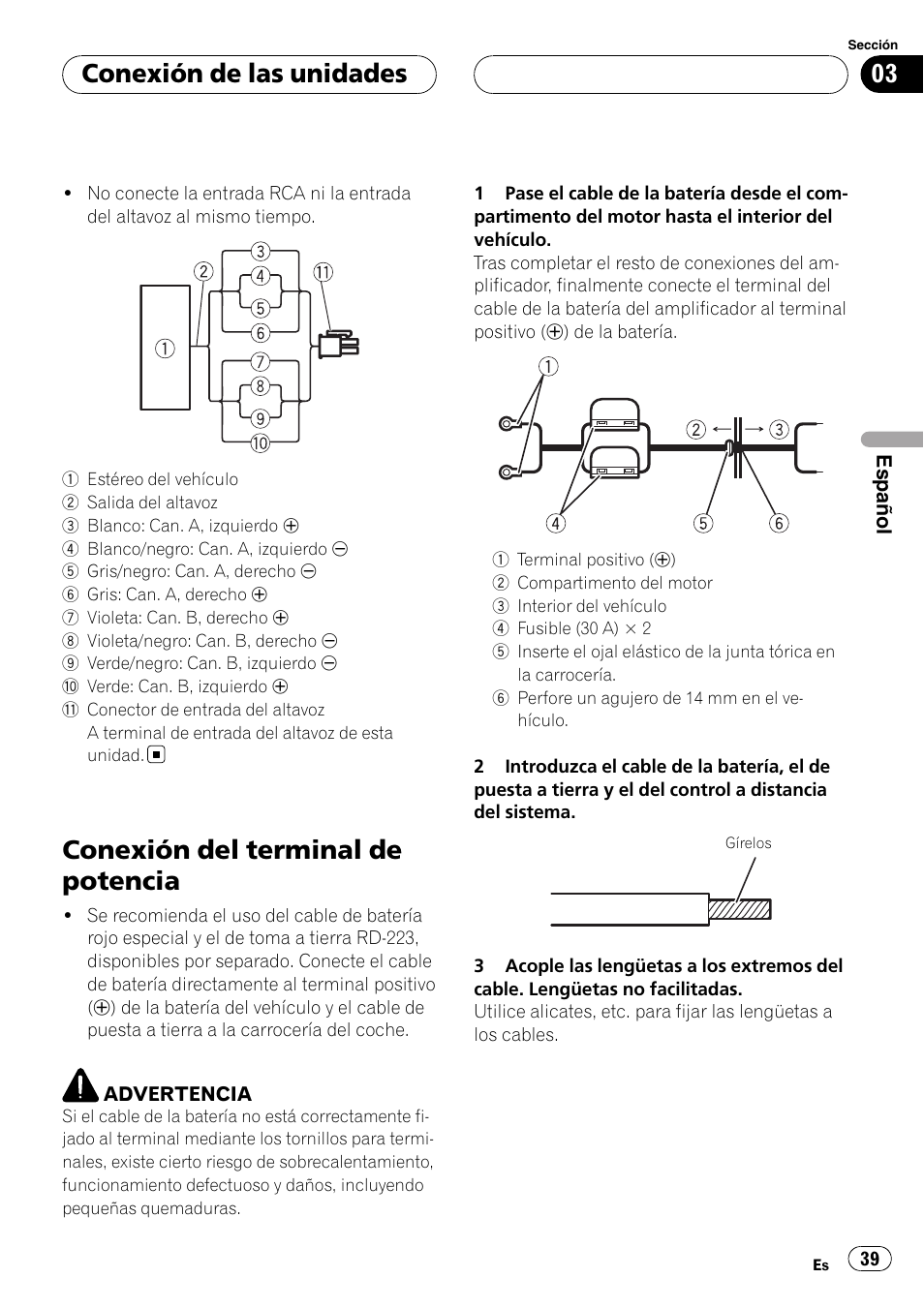 Conexión del terminal de potencia, Conexión de las unidades | Pioneer BRIDGEABLE GM-6400F User Manual | Page 39 / 45