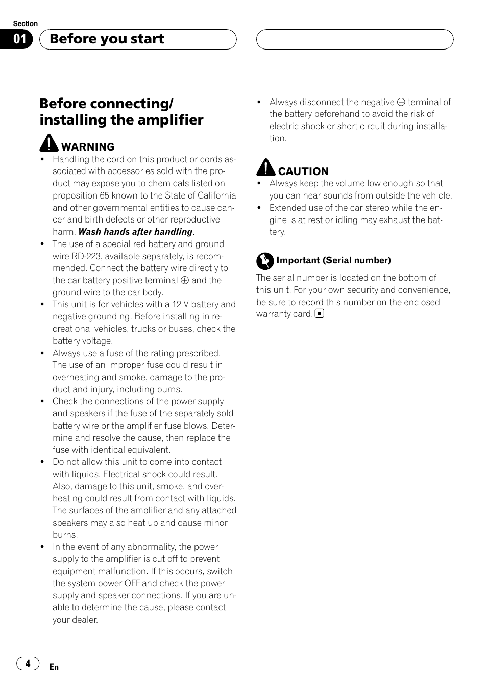 Before connecting/installing the amplifier, Before connecting/ installing the amplifier, Before you start | Pioneer BRIDGEABLE GM-6400F User Manual | Page 4 / 45