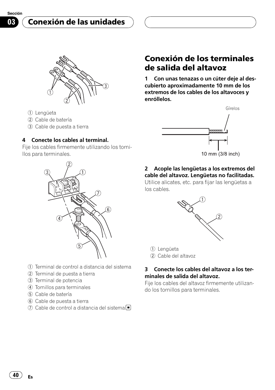 Conexión de los terminales de salida del, Altavoz, Conexión de los terminales de salida del altavoz | Conexión de las unidades | Pioneer BRIDGEABLE GM-6400F User Manual | Page 40 / 45