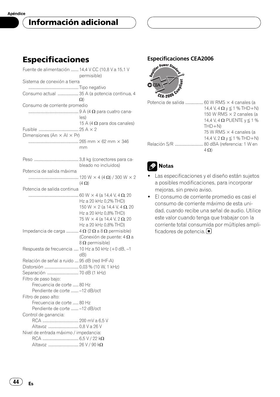 Información adicional especificaciones, Especificaciones, Información adicional | Pioneer BRIDGEABLE GM-6400F User Manual | Page 44 / 45
