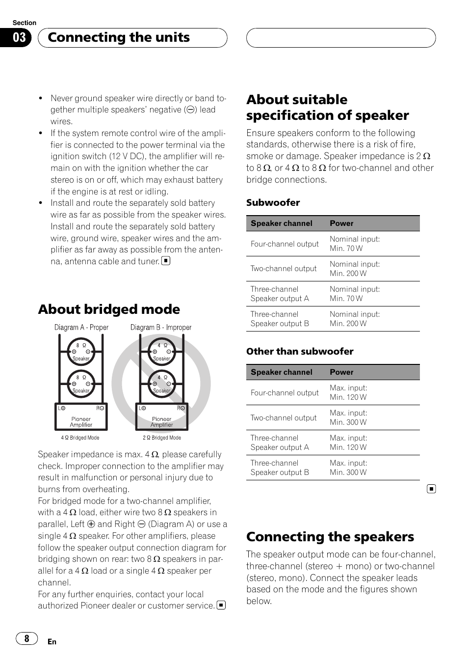 About bridged mode, About suitable specification of speaker, Connecting the speakers | Connecting the units | Pioneer BRIDGEABLE GM-6400F User Manual | Page 8 / 45