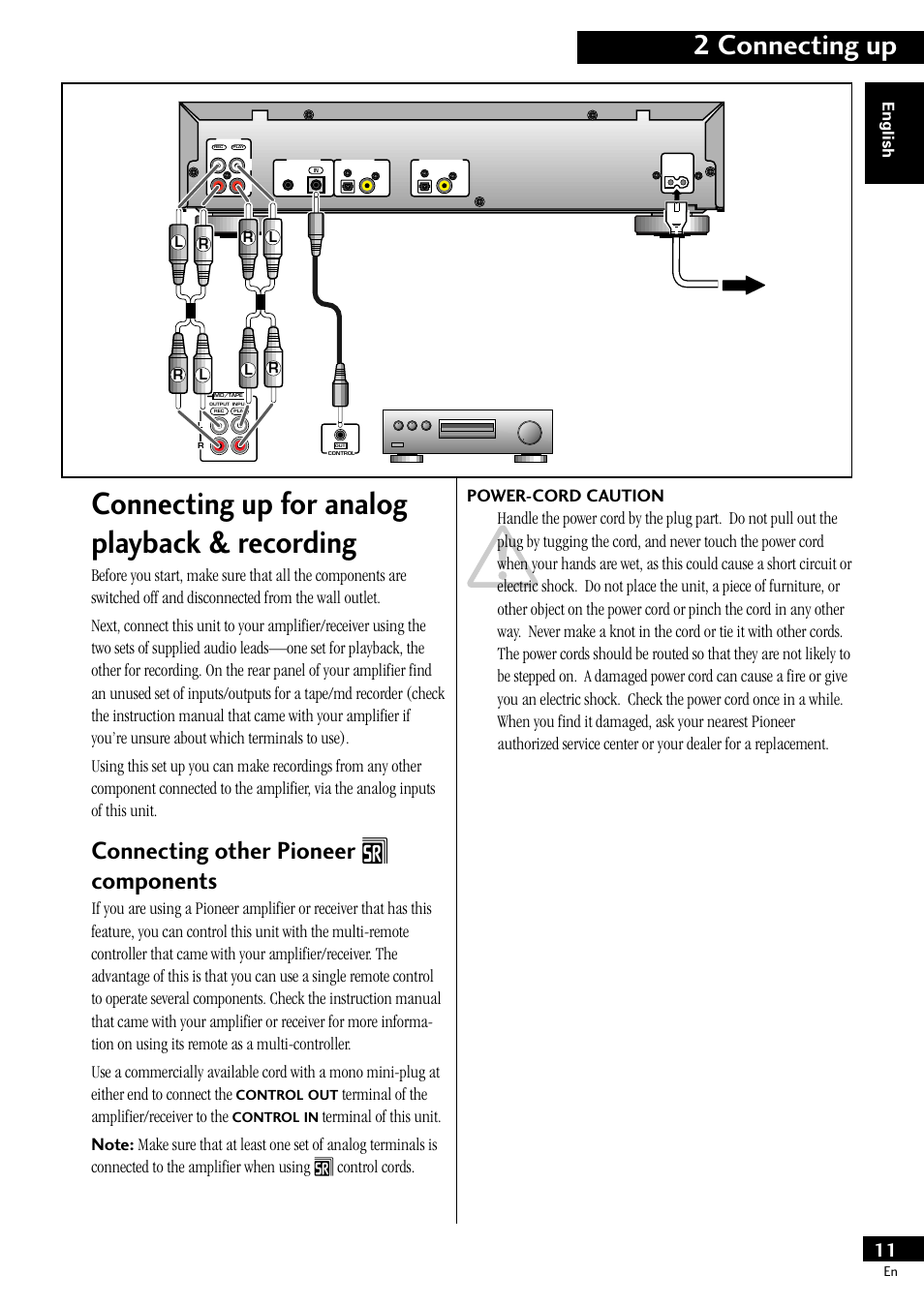 Î components, Connecting up for analog playback & recording, 2 connecting up | Connecting other pioneer î components, Terminal of the amplifier/receiver to the | Pioneer PDR-609 User Manual | Page 11 / 44