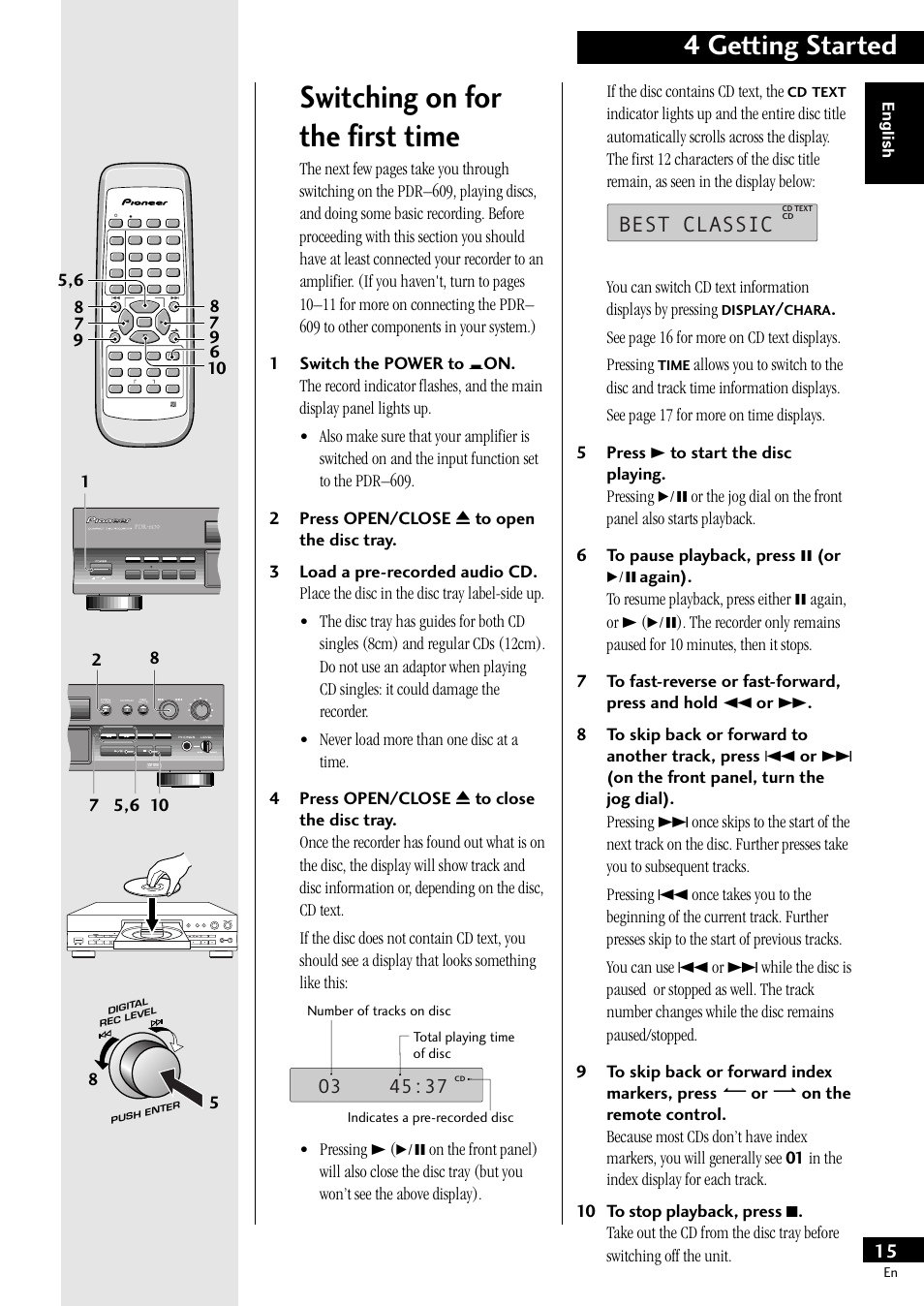 Switching on for the first time, 4 getting started, Best classic | See page 16 for more on cd text displays. pressing, English | Pioneer PDR-609 User Manual | Page 15 / 44