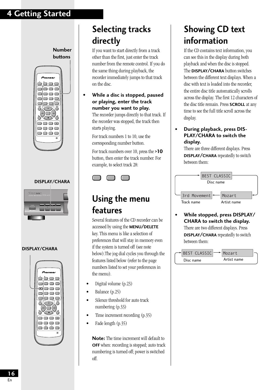 Selecting tracks directly, Using the menu features, Showing cd text information | 4 getting started, Number buttons, Repeatedly to switch between them, Display/chara, Menu, Delete, Display | Pioneer PDR-609 User Manual | Page 16 / 44