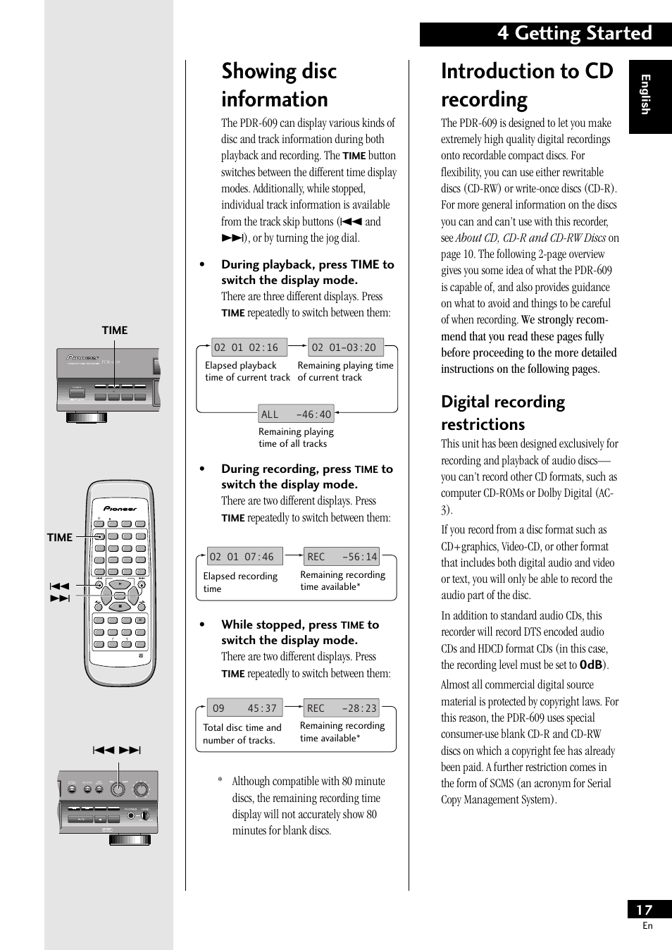 Showing disc information, Introduction to cd recording, 4 getting started | Digital recording restrictions, Repeatedly to switch between them, English, Time ¢ 4, Time, Menu/ delete | Pioneer PDR-609 User Manual | Page 17 / 44