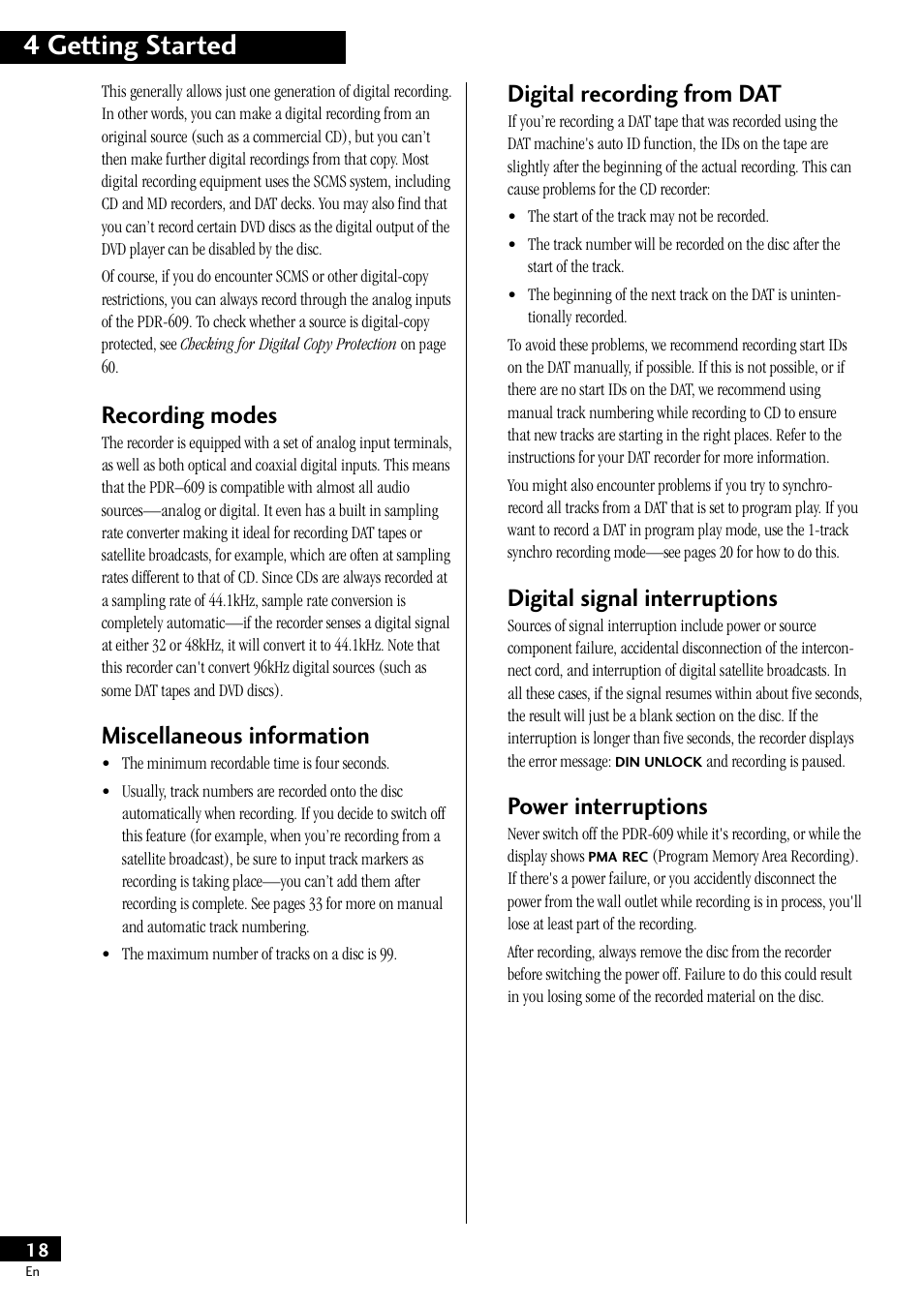 4 getting started, Recording modes, Miscellaneous information | Digital recording from dat, Digital signal interruptions, Power interruptions | Pioneer PDR-609 User Manual | Page 18 / 44