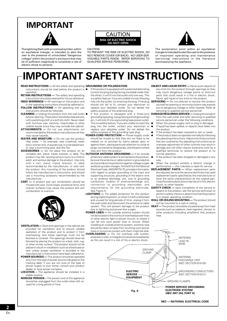 Important safety instructions, Important, Caution | Pioneer PDR-609 User Manual | Page 2 / 44