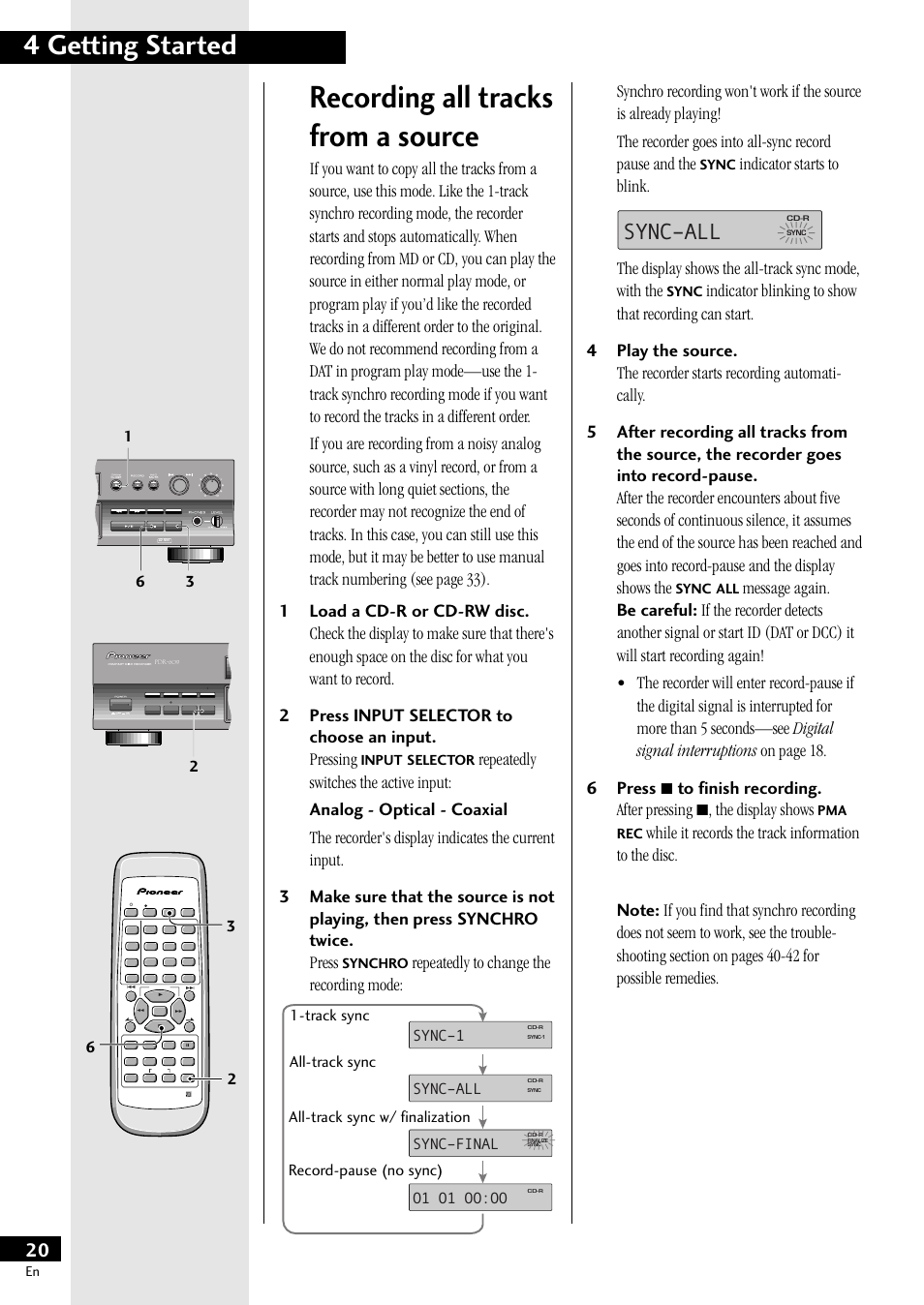 Recording all tracks from a source, 4 getting started, Sync–all | Indicator starts to blink, Repeatedly to change the recording mode, Sync–final, O1 o1 oo:oo, Sync, Pma rec, Input | Pioneer PDR-609 User Manual | Page 20 / 44