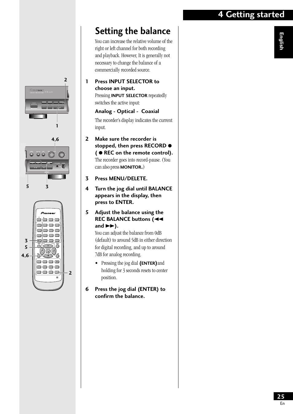 Setting the balance, 4 getting started, English | Input, Selector, Monitor, Enter, Menu/ delete | Pioneer PDR-609 User Manual | Page 25 / 44