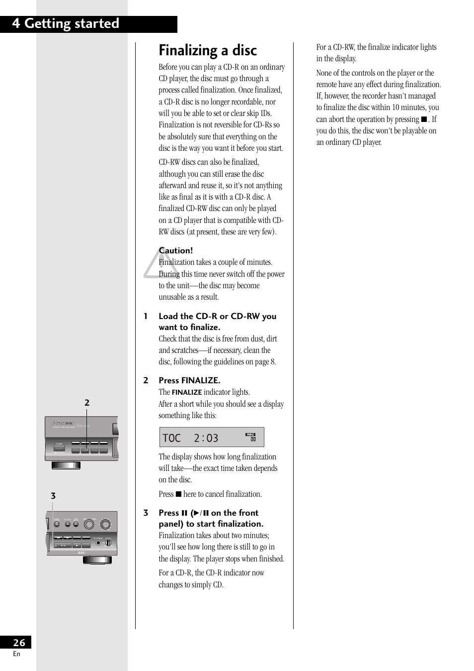 Finalizing a disc, 4 getting started | Pioneer PDR-609 User Manual | Page 26 / 44