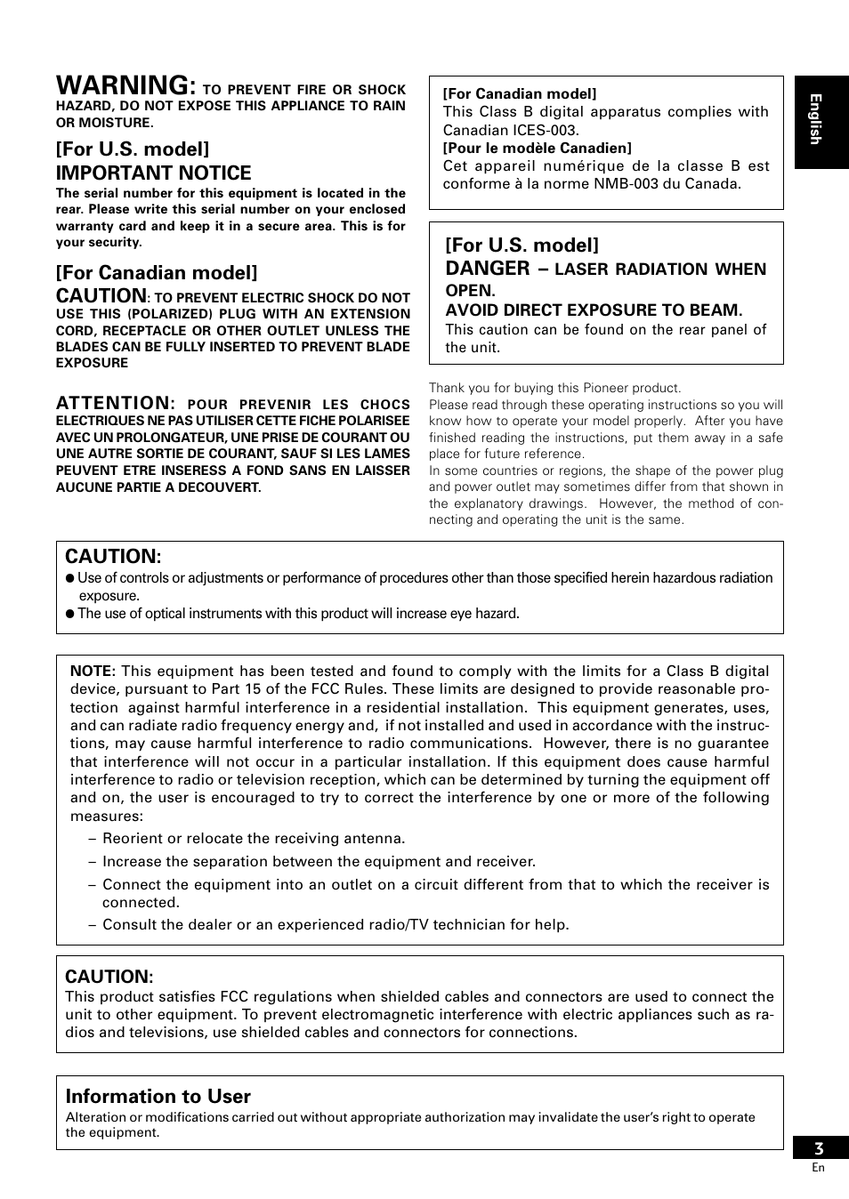 Warning, Caution, For u.s. model] important notice | Information to user, For u.s. model] danger, For canadian model] caution | Pioneer PDR-609 User Manual | Page 3 / 44