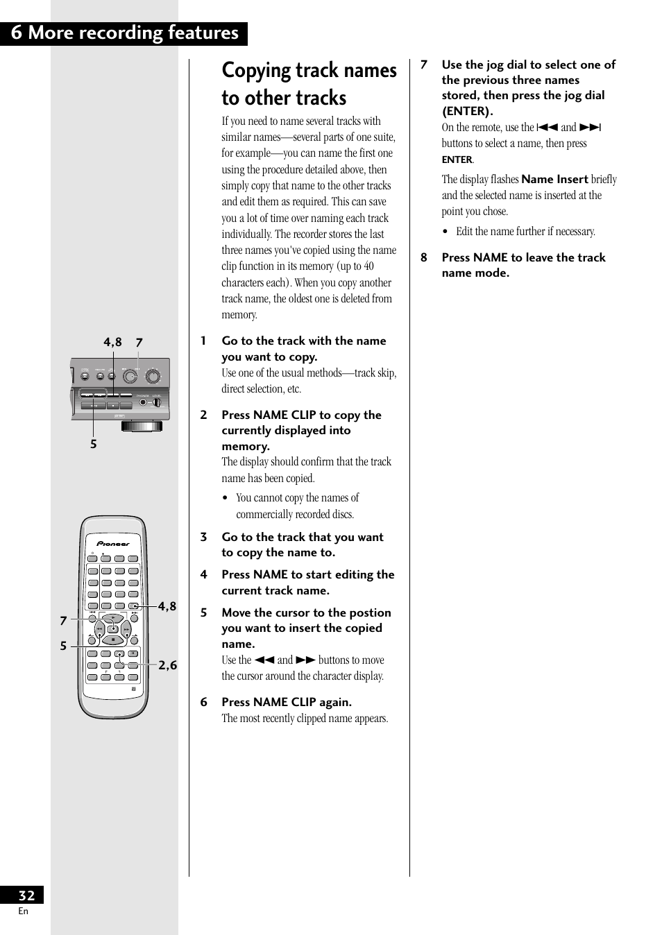 Copying track names to other tracks, 6 more recording features, Enter | Menu/ delete | Pioneer PDR-609 User Manual | Page 32 / 44