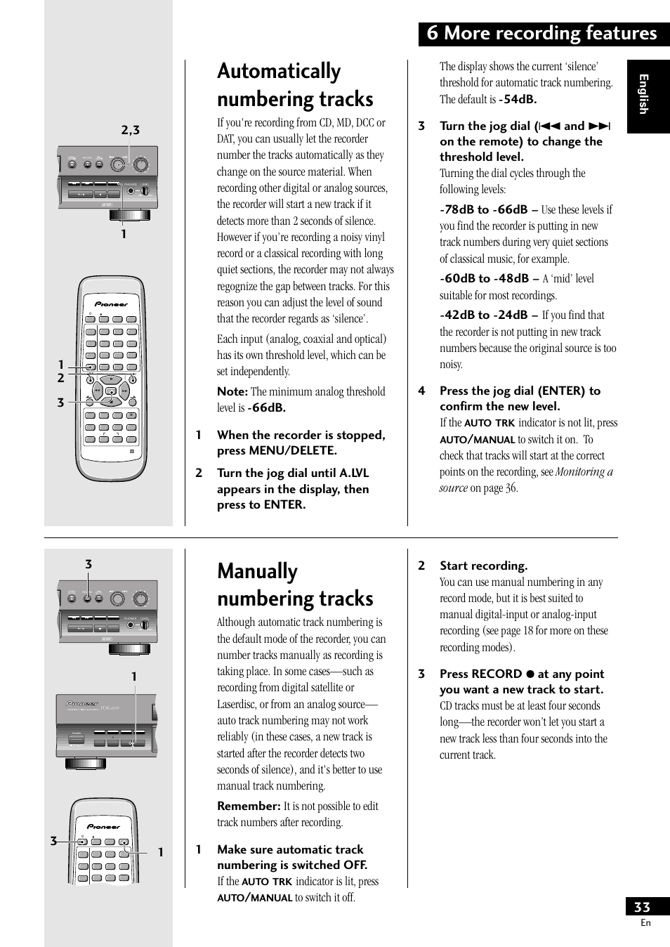 Automatically numbering tracks, Manually numbering tracks, 6 more recording features | Indicator is not lit, press, Indicator is lit, press, English, Auto, Manual, Menu/ delete | Pioneer PDR-609 User Manual | Page 33 / 44