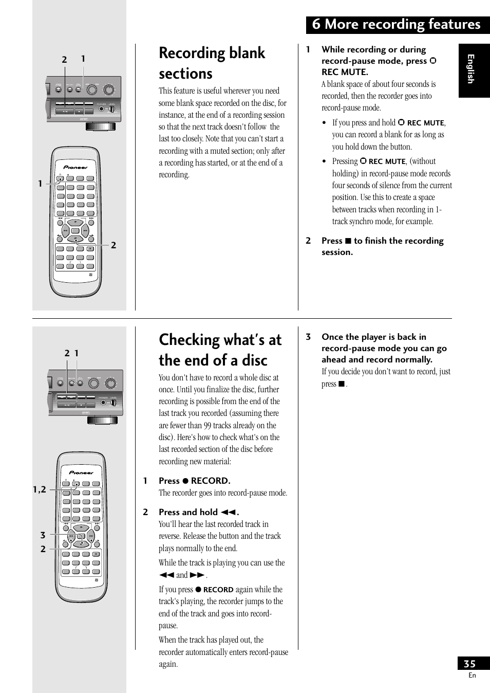 Checking what's at the end of a disc, 6 more recording features, English | Mute, Record, Menu/ delete | Pioneer PDR-609 User Manual | Page 35 / 44