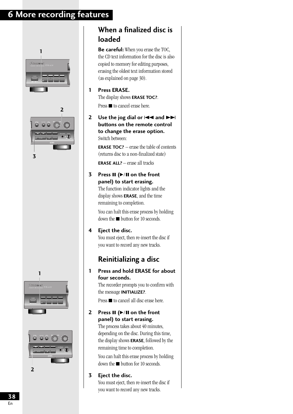 6 more recording features, When a finalized disc is loaded, Reinitializing a disc | Pioneer PDR-609 User Manual | Page 38 / 44