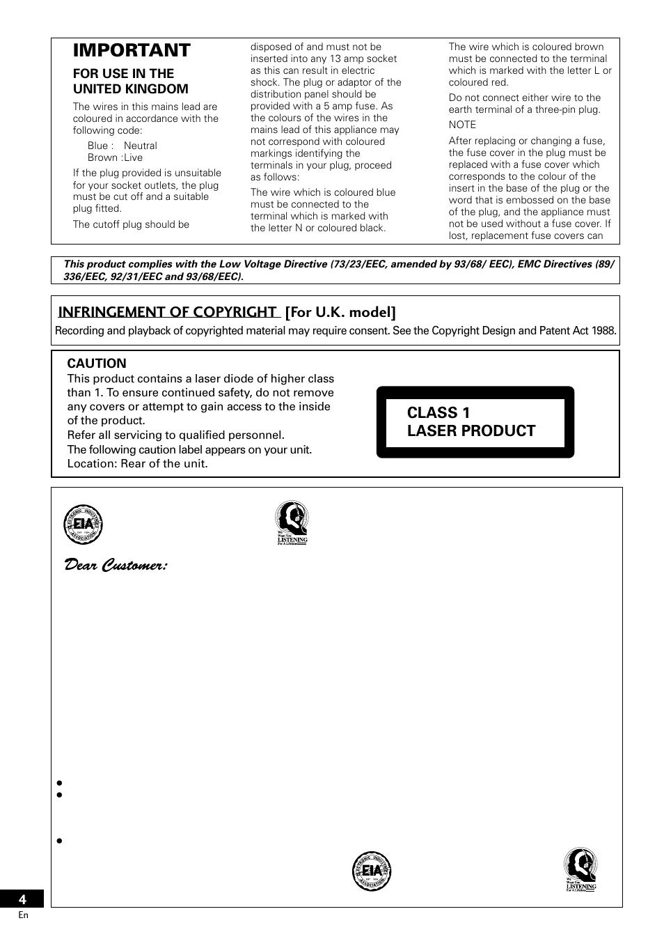 Important, Infringement of copyright [for u.k. model, Class 1 laser product | Pioneer PDR-609 User Manual | Page 4 / 44