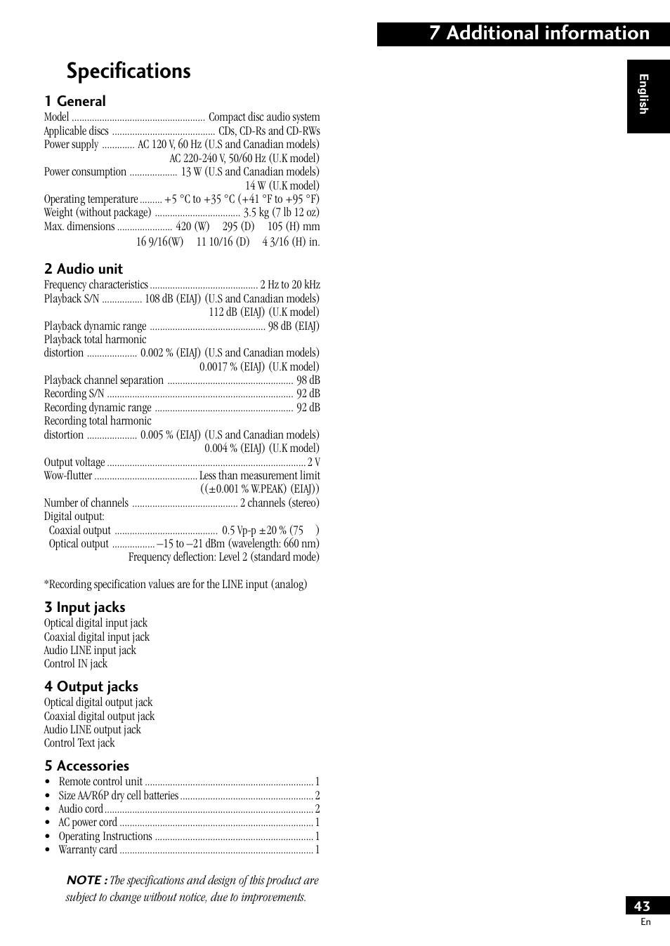 Specifications, 7 additional information | Pioneer PDR-609 User Manual | Page 43 / 44