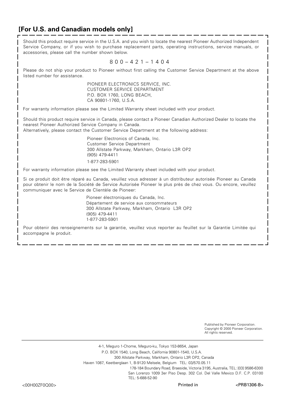 For u.s. and canadian models only, Pioneer corporation | Pioneer PDR-609 User Manual | Page 44 / 44