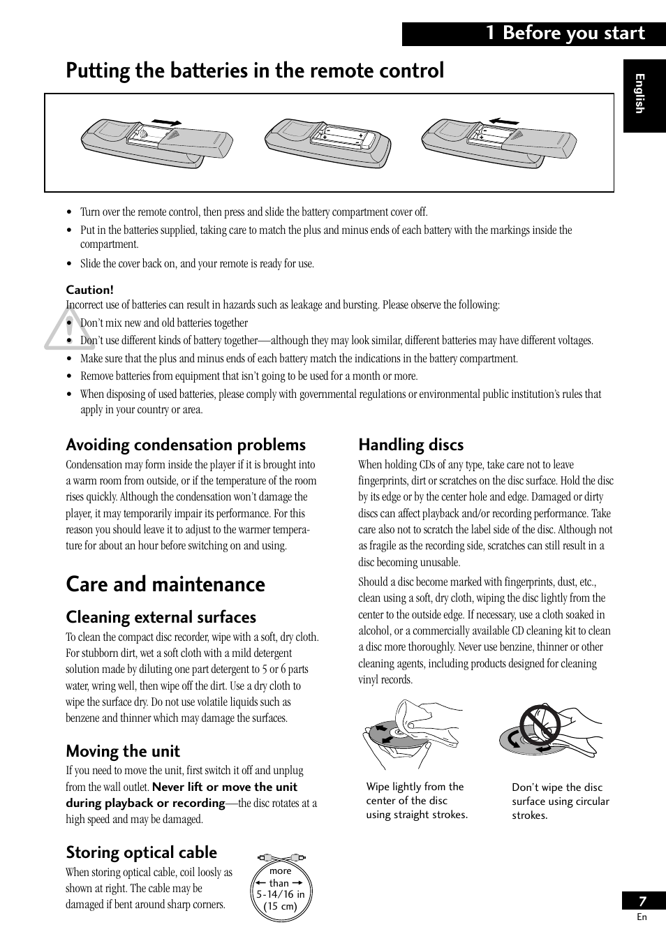 Care and maintenance, Putting the batteries in the remote control, 1 before you start | Cleaning external surfaces, Moving the unit, Storing optical cable, Avoiding condensation problems, Handling discs | Pioneer PDR-609 User Manual | Page 7 / 44