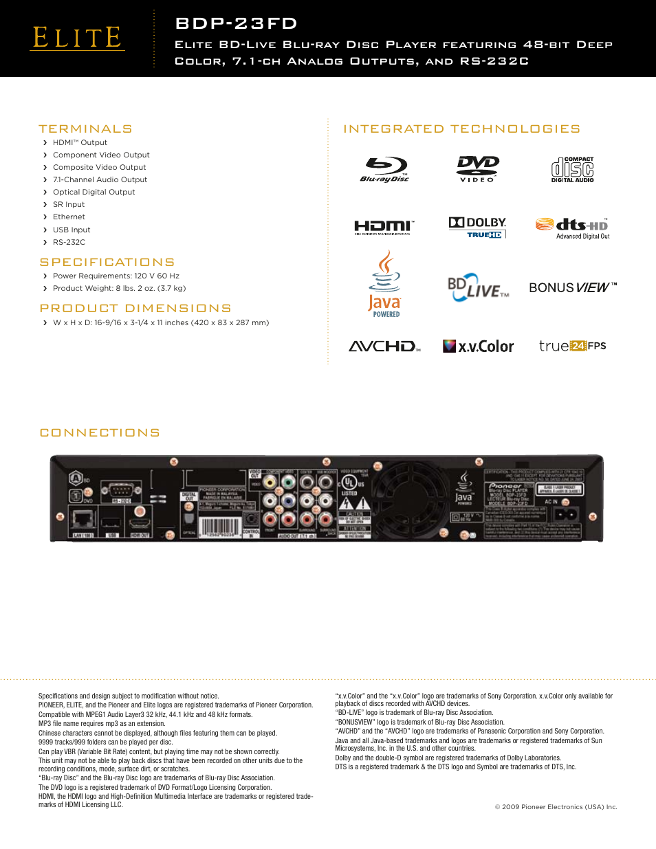 Bdp-23fd, Connections terminals, Specifications | Product dimensions, Integrated technologies | Pioneer Elite BDP-23FD User Manual | Page 2 / 2