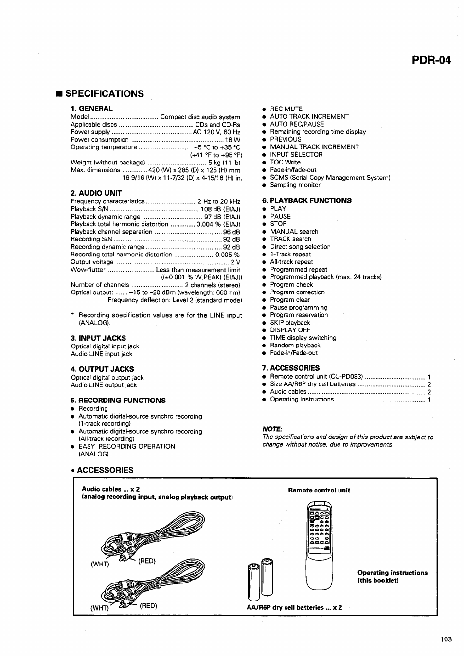Specifications, Pdr-04, General | Audio unit, Input jacks, Output jacks, Recording functions, Accessories, Playback functions | Pioneer PDR-04 User Manual | Page 102 / 102