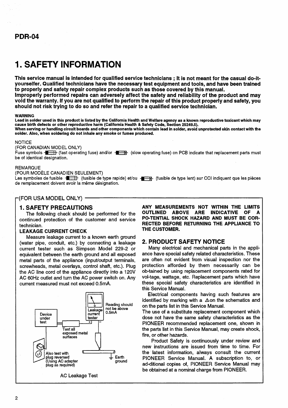 Safety information, Safety precautions, Leakage current check | Product safety notice, Pdr-04 | Pioneer PDR-04 User Manual | Page 2 / 102