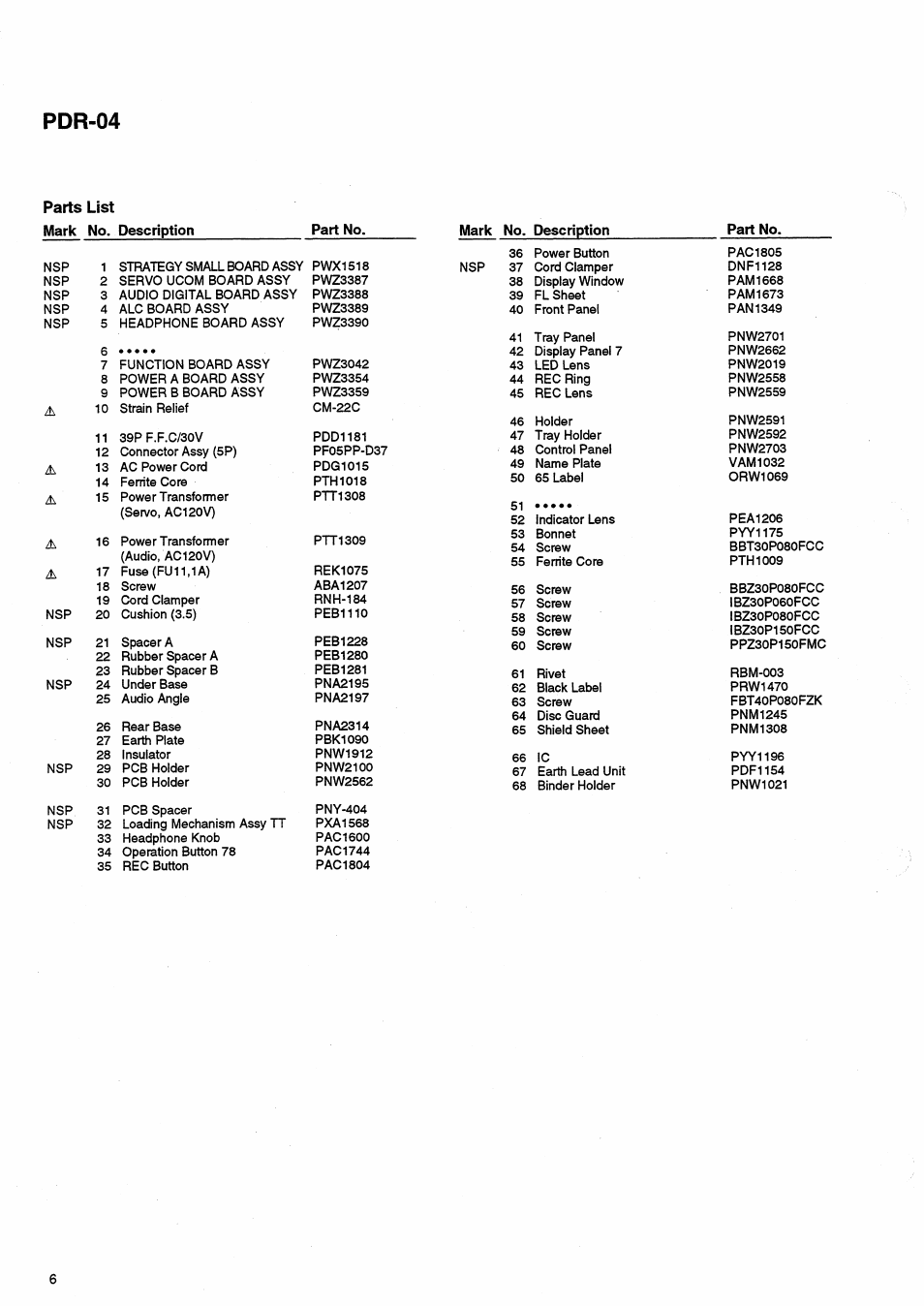 Parts list, Pdr-04 | Pioneer PDR-04 User Manual | Page 6 / 102